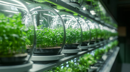 Green seedlings in glass pots on a shelf in a greenhouse.
