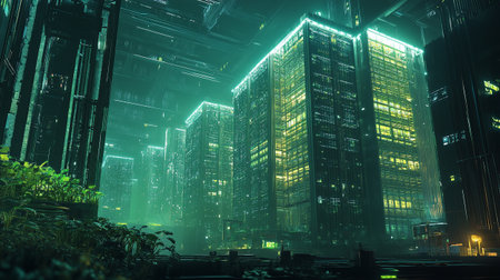 Night view of modern skyscrapers with neon lights in the city