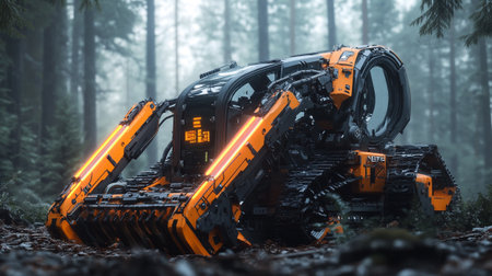 Futuristic excavator in the forest. 3d rendering.