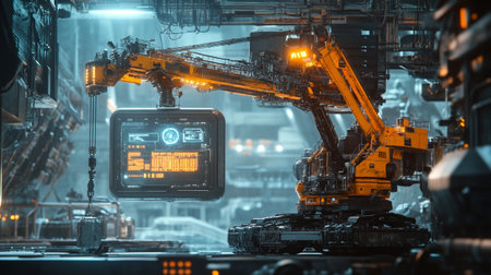Smart industry robot arm system for digital factory production. 3D rendering