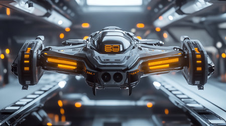 3D rendering. Futuristic spaceship in the futuristic space station.