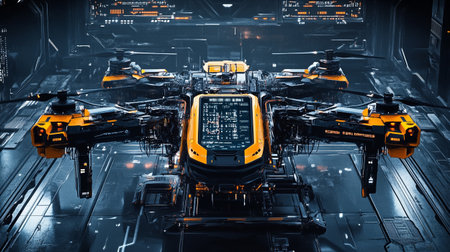 3D rendering of a drone on the background of a spaceship.