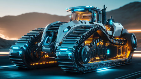 Heavy crawler tractor on the road. 3d render illustration.