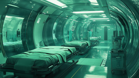 Hospital corridor with empty beds. 3D rendering. Toned.
