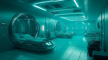 Interior of a modern hospital corridor with equipment for neurosurgery