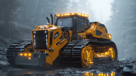 Yellow excavator on the road in a foggy forest. 3d rendering