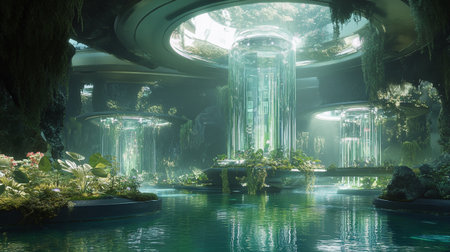 Futuristic interior design of a luxury hotel lobbyの写真素材