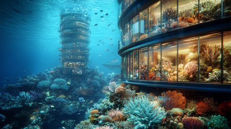 Underwater view of a beautiful coral reef with blue water
