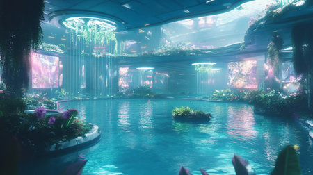 Luxury hotel and resort interior with swimming pool and green plants