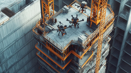 Industrial construction site with cranes and workers. 3d renderingの写真素材