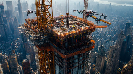 Construction site with cranes and building materials. 3D rendering.