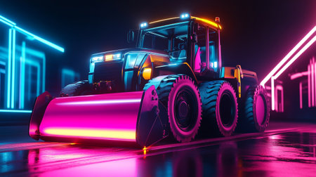 Heavy bulldozer on the road. 3D rendering. Neon lights.の写真素材