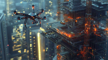 Drone flying over the city. 3d illustration. Concept of future technology.の写真素材