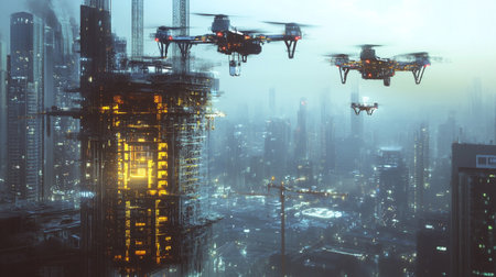 Drone flying over the city. 3d rendering toned image