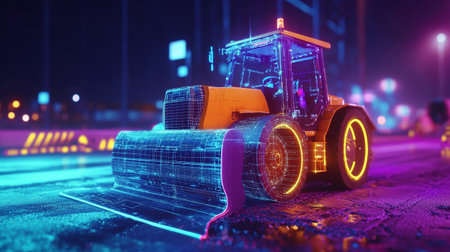 3d rendering of a road roller on a city street at night