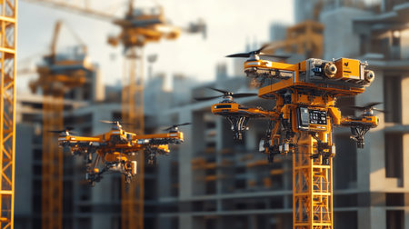 3d rendering of a construction site with cranes and a droneの写真素材