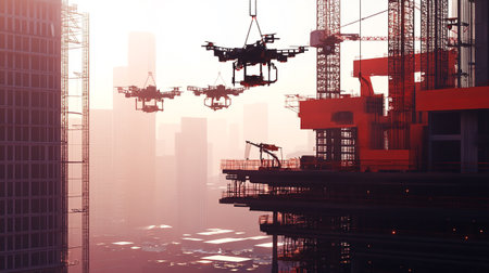 3d rendering of a construction site with cranes and buildings.