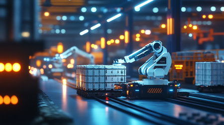 Industrial robot working with cargo container in warehouse. 3D renderingの写真素材