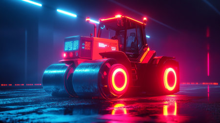 3d rendering of a large road roller with a reflective surface on a dark backgroundの写真素材