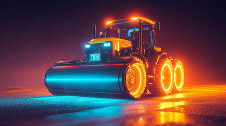 3D rendering of a road roller isolated on a foggy backgroundの写真素材
