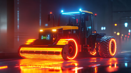 Tractor on the road at night in the fog. 3d rendering.の写真素材