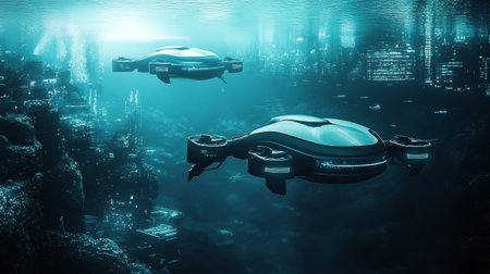 Futuristic spaceship in the deep sea. 3d rendering.の写真素材