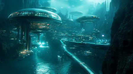 Fantasy alien city. 3d rendering toned image double exposureの写真素材