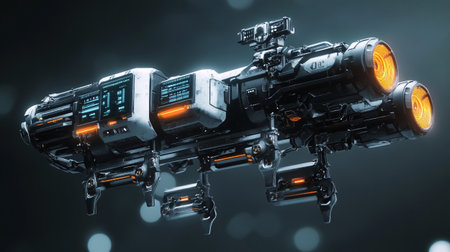 3D rendering of a robot in space on a dark background.