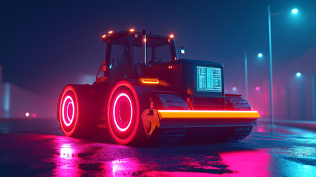 Futuristic road roller in the night city. 3d renderingの写真素材