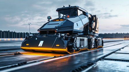 Truck on the highway at sunset, 3d rendering. Computer digital drawing.の写真素材