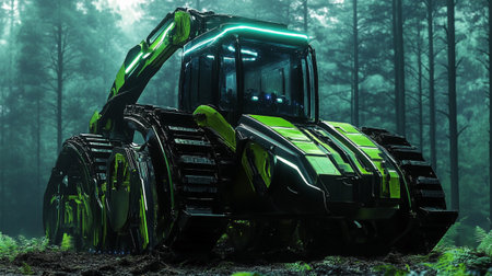 3D CG rendering of heavy duty construction equipment in the forest.