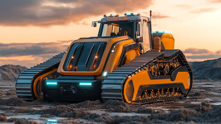 Bulldozer on the sand at sunset. 3D illustration.の写真素材