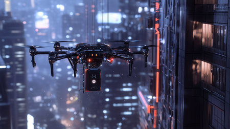 Drone with digital camera flying over city at night. 3D renderingの写真素材