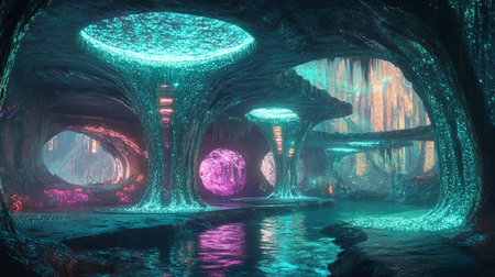 Futuristic tunnel with glowing lights and reflections. 3d renderingの写真素材