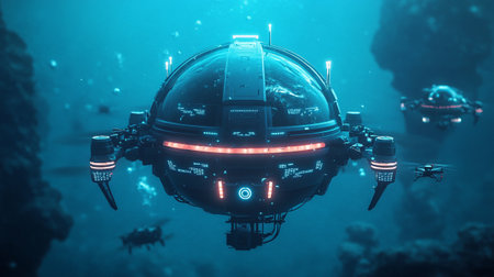 Futuristic spaceship in the deep blue sea. 3d renderingの写真素材