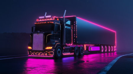 Truck on the road at night with neon lights. 3d renderingの写真素材