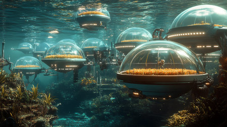 Underwater world with many alien spaceships. 3d illustration.の写真素材