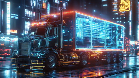 Truck on the road. 3d rendering toned image double exposureの写真素材