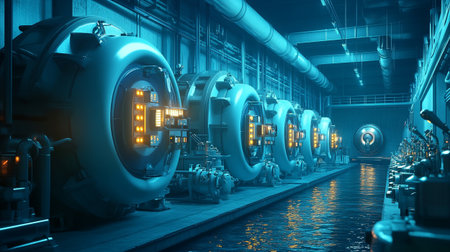 Interior of a modern boiler room, toned in blue tonesの写真素材