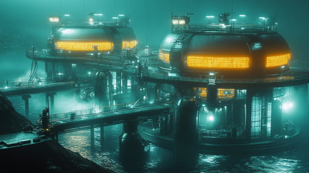 3d rendering of oil and gas refinery at night in fog.