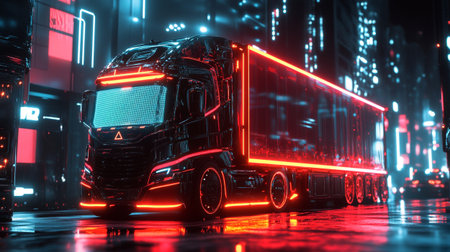 Truck with red lights in the night city. 3d renderingの写真素材