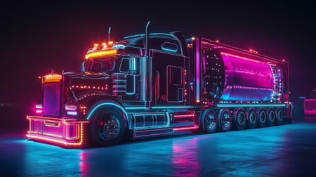 3d rendering of a big modern semi-trailer truck with neon lightsの写真素材