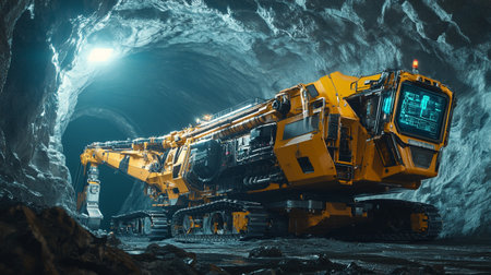 Tunnel with excavator in the mine. 3d rendering