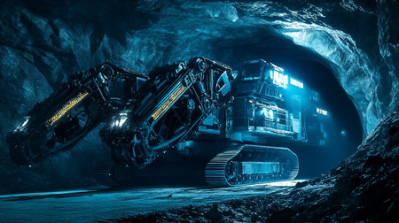 Giant excavator in a mine tunnel. 3d rendering.