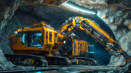 3D rendering of a large industrial excavator in a dark cave