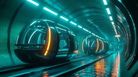subway tunnel with neon lights in the city. 3d renderingの写真素材