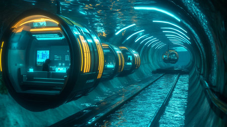 Underground tunnel with a view of the city. 3d renderingの写真素材