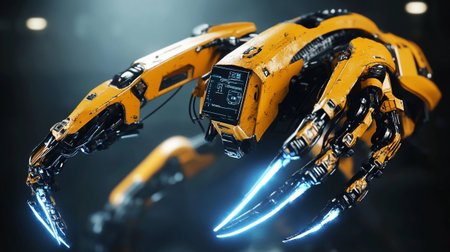 3d rendering robotic arm with display on display at modern technology exhibition