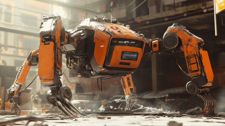 Industrial robot arm working at construction site. Industrial robot arm working at construction site