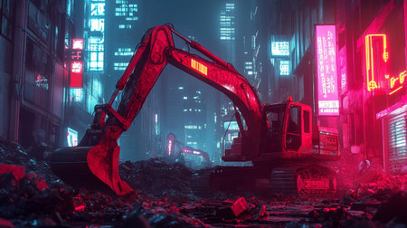 Excavator in the city at night. 3D rendering.の写真素材